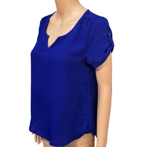 MINE Blue Roll Tab Blouse Small - Picture 2 of 6